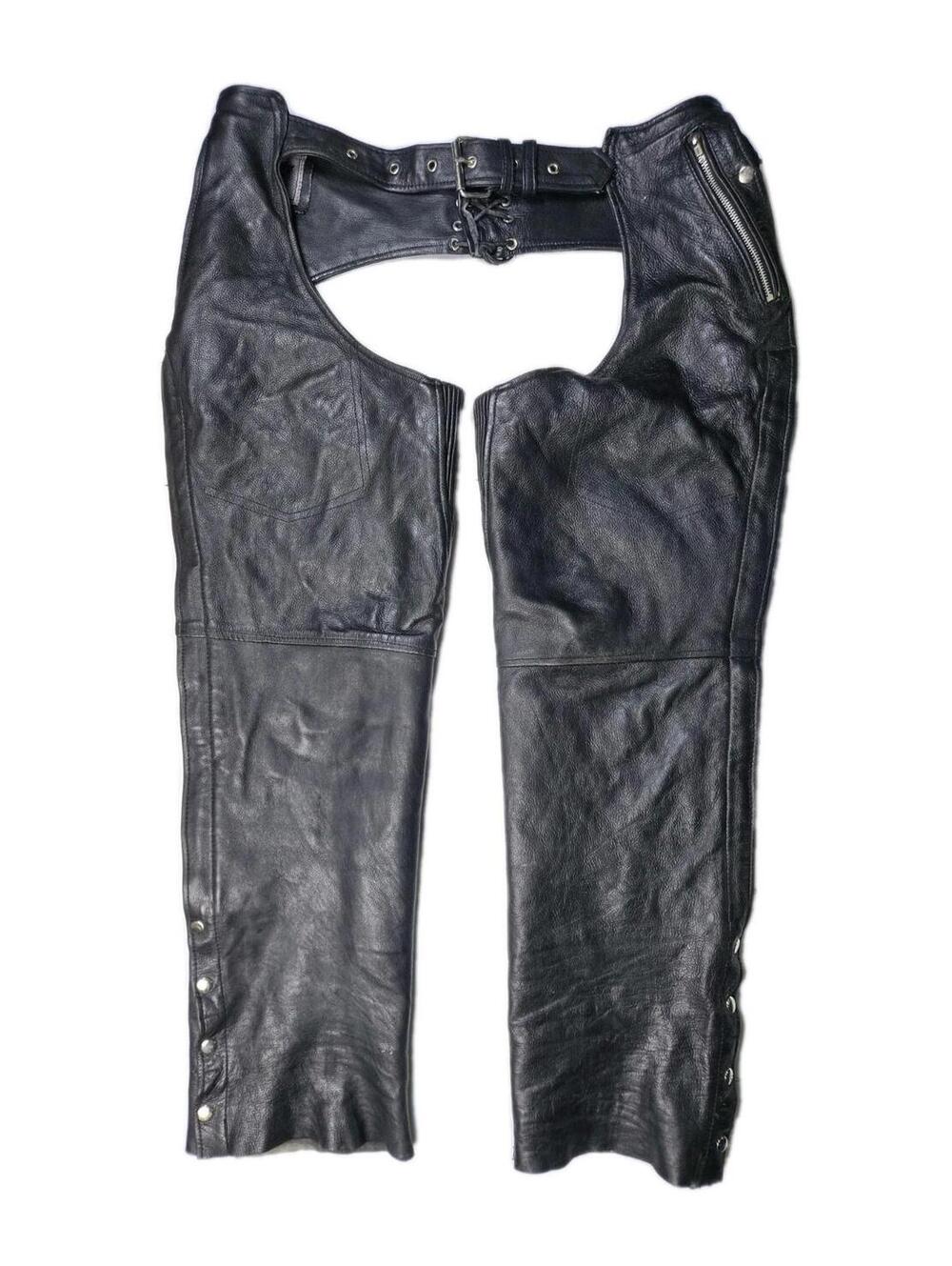 Unik Premium - Genuine Leather Black Zip/Button Motorcycle Chaps - Mens L